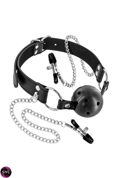 Повітропроникний кляп із затискачами для сосків Fetish Tentation Rigid Gag Ball with Nipple Clamps SO4037 SafeYourLove