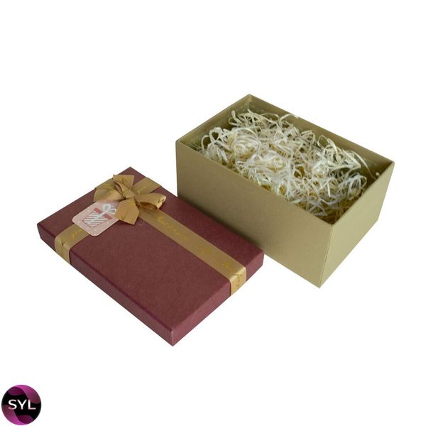 Подарочная коробка с бантом бордово-золотая, S — 21,5×14,5×9,7 см