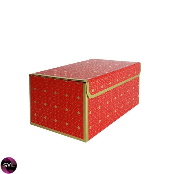 Подарочная коробка красная с золотым геометрическим рисунком, L — 25,3×18×13,5 см