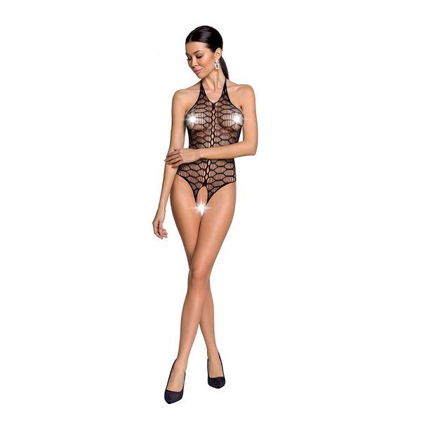 Bodystocking in large mesh Passion BS087, open back, halter, with access, color Black