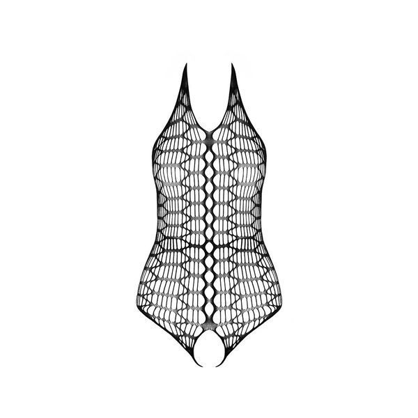 Bodystocking in large mesh Passion BS087, open back, halter, with access, color Black