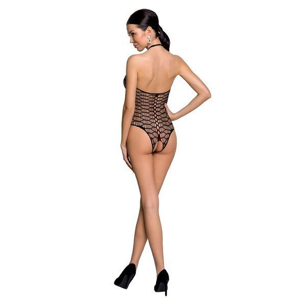Bodystocking in large mesh Passion BS087, open back, halter, with access, color Black