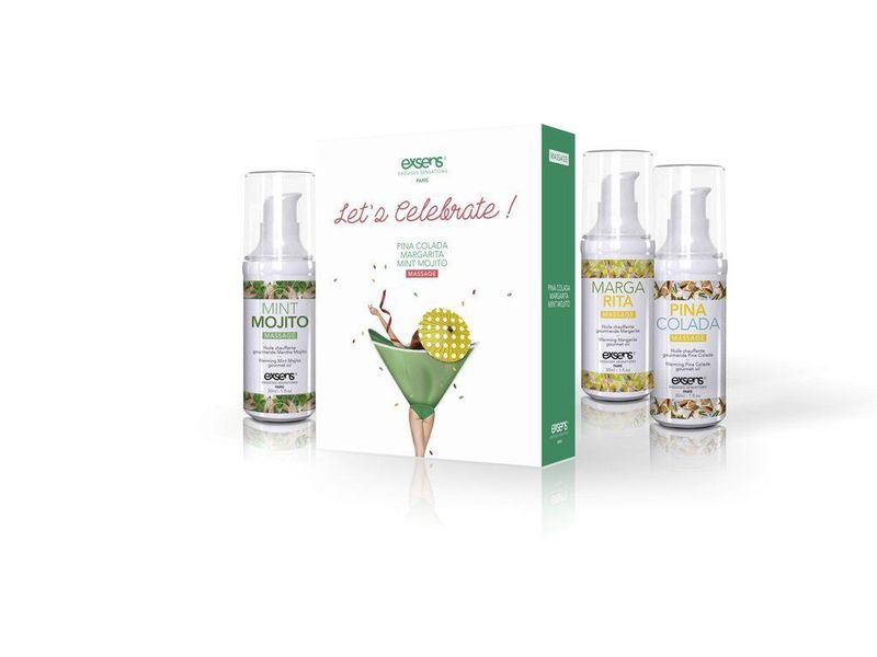 Zestaw EXSENS Lets Celebrate rozgrzewających olejków do masażu (3x30 ml): Pina Colada, Mojito i Margarita