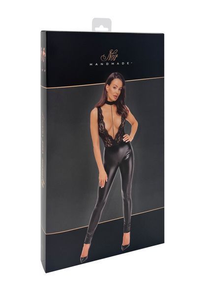 Kombinezon Noir Handmade F298 Libido Deep-V z kołnierzykiem i perłowym łańcuszkiem, rozmiar S