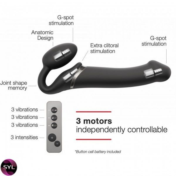 Безремневой страпон с вибрацией Strap-On-Me Vibrating Black M, диаметр 3,3см, пульт ДУ, регулируемый SO3354 фото