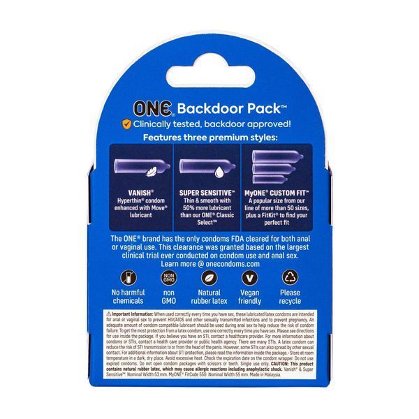 ONE Backdoor condoms, 3 pcs, 3 types, cardboard packaging