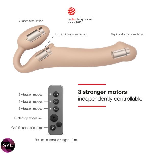 Безремневой страпон с вибрацией Strap-On-Me Vibrating Flesh M, диаметр 3,3см, пульт ДУ, регулируемый SO3355 фото