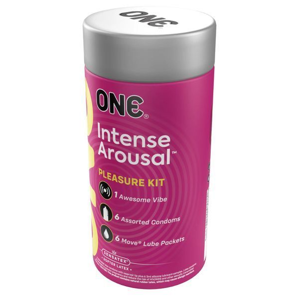 Zestaw upominkowy ONE Intense Arousal, zawierający 6 prezerwatyw, 6 saszetek ze środkiem nawilżającym, pierścień wibracyjny