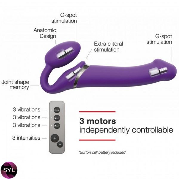 Безремінний страпон з вібрацією Strap-On-Me Vibrating Violet M, діаметр 3,3 см, пульт ДК, регульован SO3825 SafeYourLove