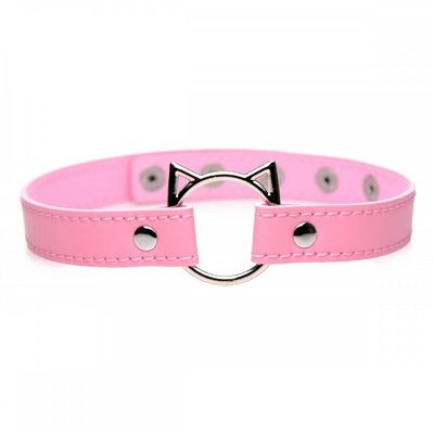 Ошейник-чокер с кольцом в виде котика Kinky Kitty Master Series, экокожа, розовый 43603 /AG726-Pink фото