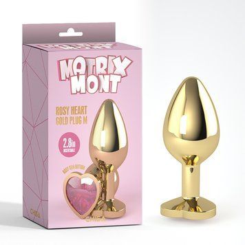 Złoty metalowy korek analny z r&oacute;żowym kamieniem w kształcie serca.., Pink