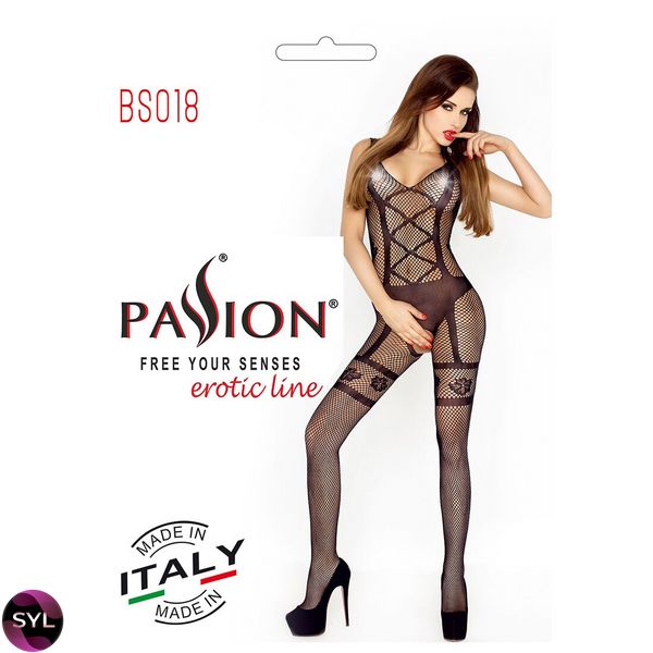 Бодістокінг Passion BS018 black, комбінезон, імітація панчіх і пояса PBS018B SafeYourLove