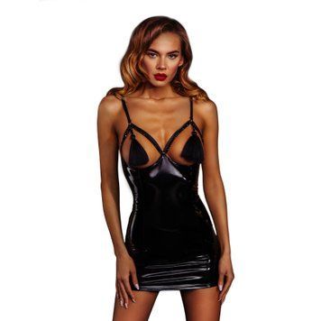 D&A patent dress with tassels, M, fitted, open chest, Black