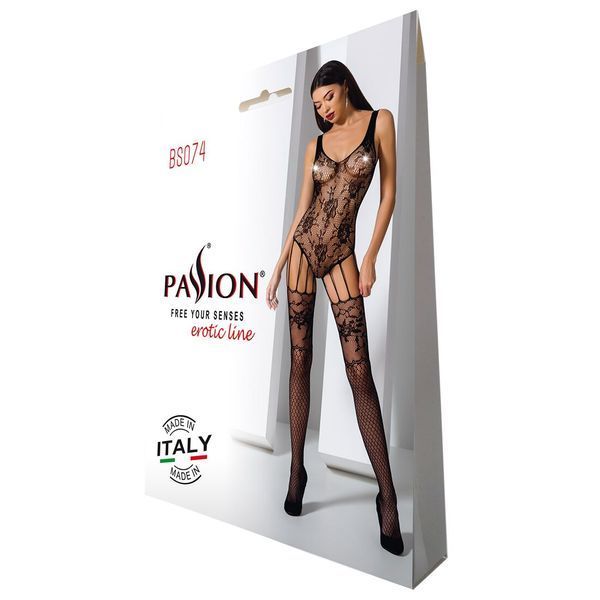 Bodystocking ażurowy z imitacją pończoch Passion BS074, kolor Black