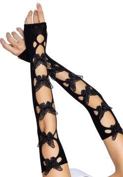 Mittens Leg Avenue Butterfly applique arm warmers, butterflies, Black