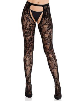 Rajstopy Leg Avenue Rose Lace Crotchless Rajstopy z Otworem na Krok, Jeden, Black