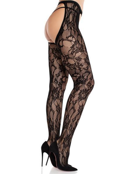 Rajstopy Leg Avenue Rose Lace Crotchless Rajstopy z Otworem na Krok, Jeden, Black