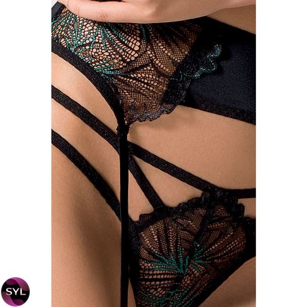 Комплект білизни FLORIS SET black L/XL - Passion Exclusive: ліф, трусики, пояс для панчох PS23710 SafeYourLove