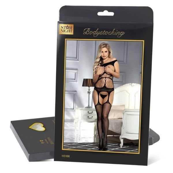 Mesh jumpsuit with cutouts in the chest area and imitation stockings Star Night, Black
