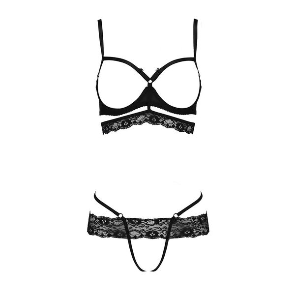 Комплект белья SARIA SET OpenBra black L/XL - Passion Exclusive: стрэпы: откртый лиф, стринги PS25001 SafeYourLove