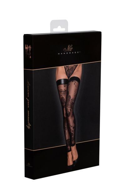 Stockings Noir Handmade F243 Tulle stockings with patterned flock embroidery, size L