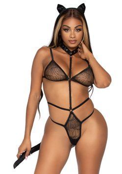 Эротический костюм кошки Leg Avenue Roleplay Sex Kitten One size, боди, ушки, чокер SO8601 фото