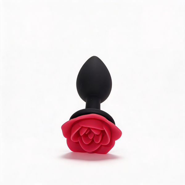 Anal plug ALUME, S, silicone black with red rose, 8 x 2.8 cm