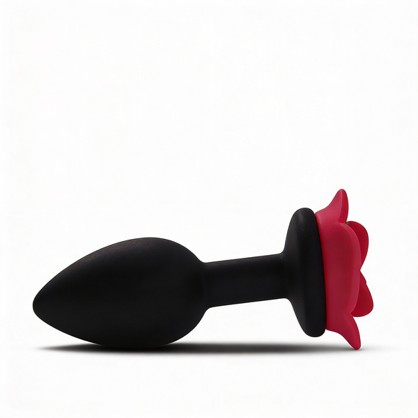 Anal plug ALUME, S, silicone black with red rose, 8 x 2.8 cm