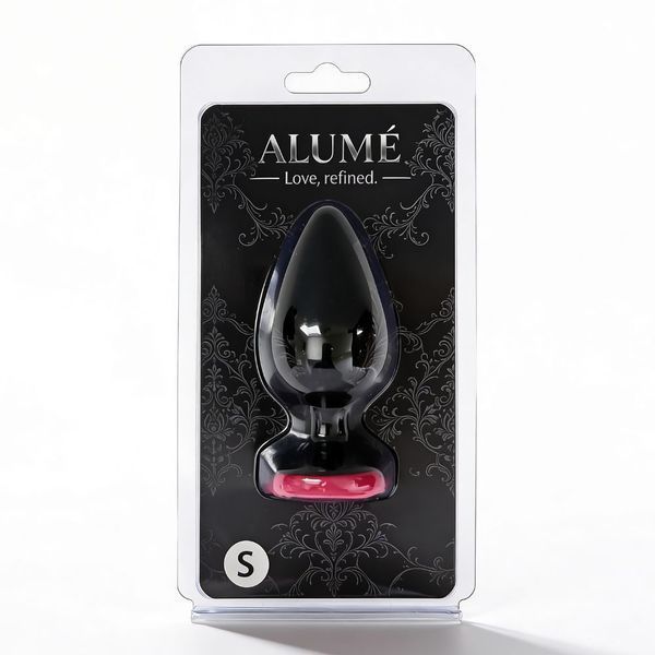 Anal plug ALUME, S, silicone black with red rose, 8 x 2.8 cm