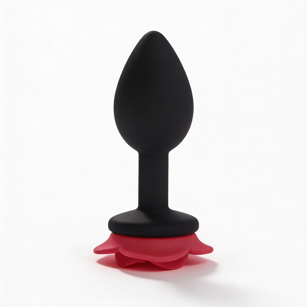 Anal plug ALUME, S, silicone black with red rose, 8 x 2.8 cm
