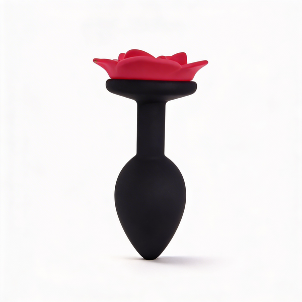 Anal plug ALUME, S, silicone black with red rose, 8 x 2.8 cm