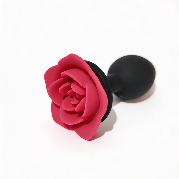 Anal plug ALUME, S, silicone black with red rose, 8 x 2.8 cm
