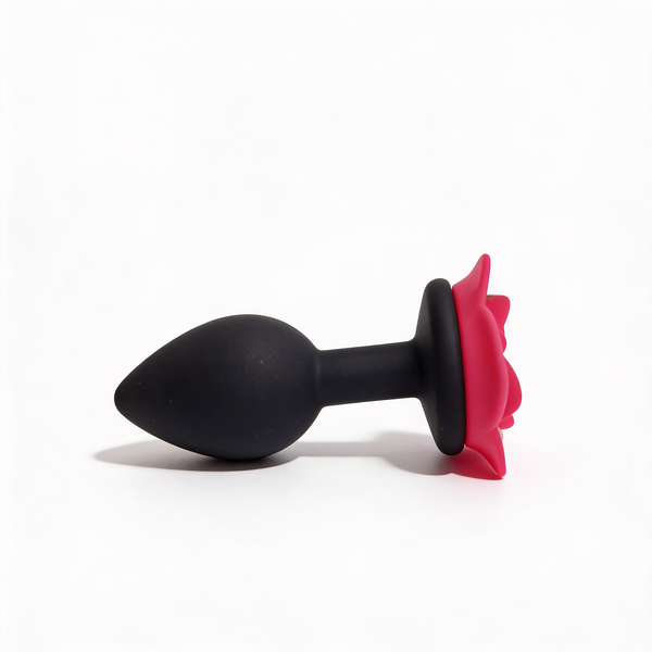 Anal plug ALUME, S, silicone black with red rose, 8 x 2.8 cm