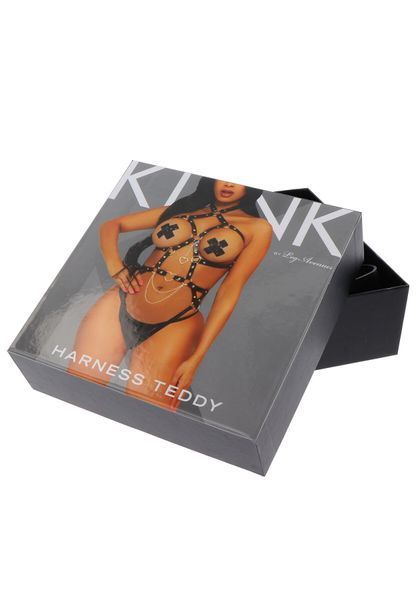Szelki dla misia ze sztucznej sk&oacute;ry Leg Avenue Heart Ring Szelki dla misia Czarne, zawieszka w kształcie serca, łańcuszki, rozmiar S