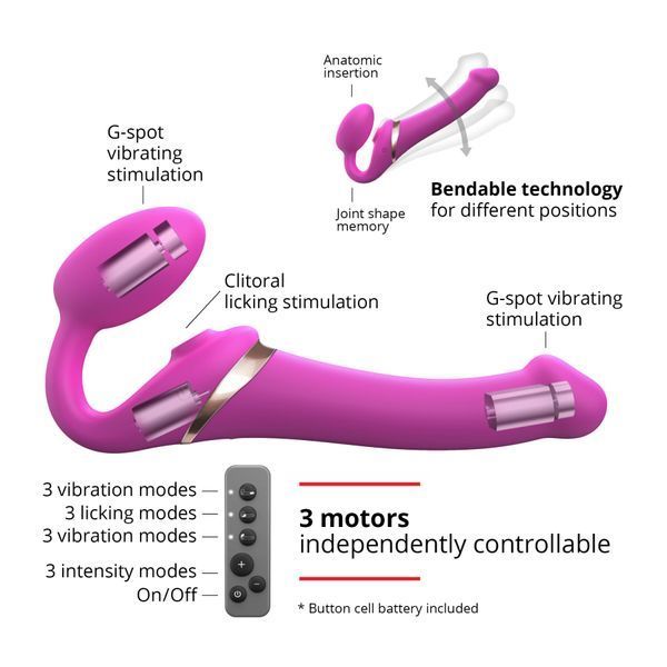 Strapless vibrating strap-on with vacuum stimulation Strap-On-Me MULTI ORGASM Fuchsia M, adjustable