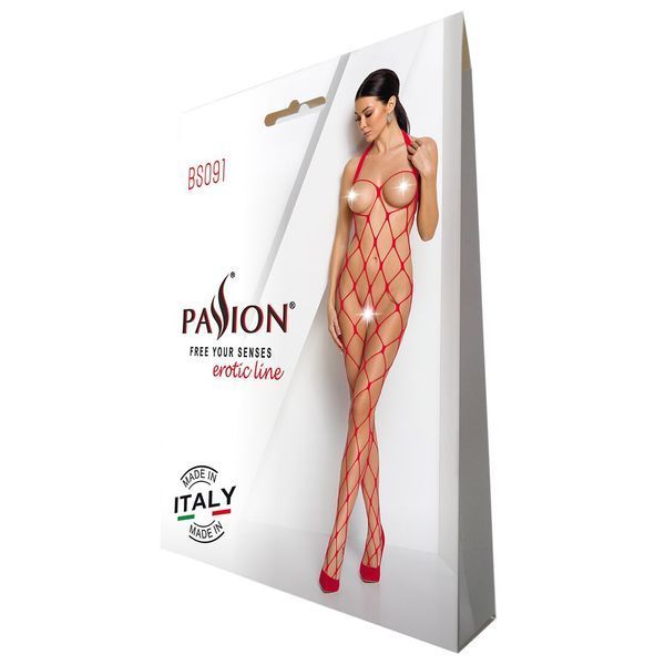 Bodystocking z bardzo dużej siateczki Passion BS091, z dostępem, kolor Red