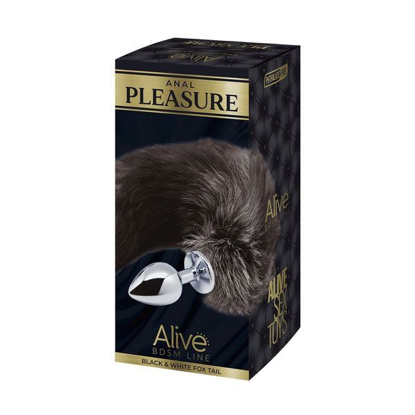 Metal anal plug Alive Black And White Fox Tail L, diameter 3.9 cm