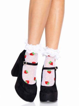 Women's socks with a strawberry print Leg Avenue Strawberry ruffle top anklets One size, lace