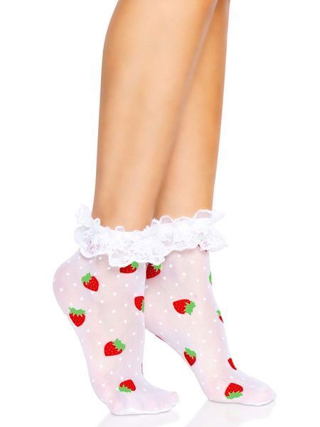 Skarpetki damskie z nadrukiem truskawkowym Leg Avenue Strawberry, falbanka na kostce, rozmiar uniwersalny, koronkowe, rozmiar M