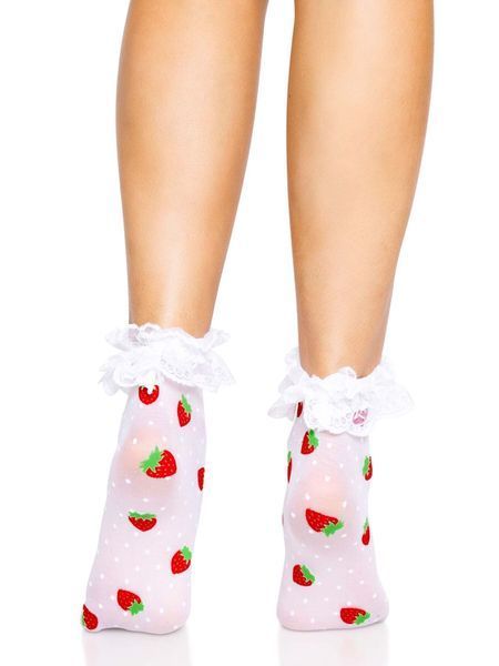 Skarpetki damskie z nadrukiem truskawkowym Leg Avenue Strawberry, falbanka na kostce, rozmiar uniwersalny, koronkowe, rozmiar M