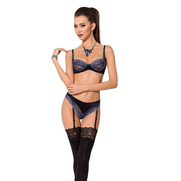 Комплект белья GISELE SET black L/XL - Passion Exclusive: лиф, трусики с пажами PS24607 SafeYourLove