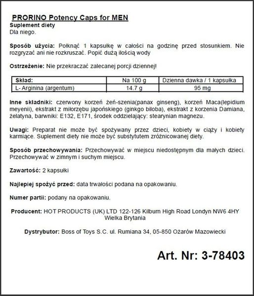 Kapsułki na potencję PRORINO Potency Caps dla mężczyzn (cena za 2 kapsułki w opakowaniu)