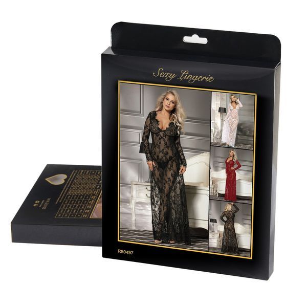 Пеньюар длинный кружевной Star Night и стринги, черный, XS/S R80497-1/XS/S фото