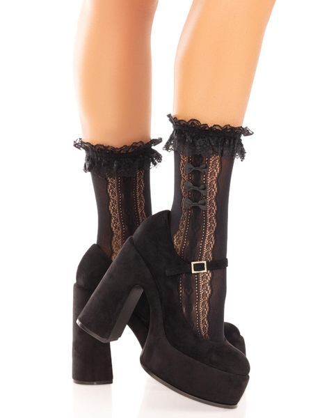 Skarpetki ażurowe Leg Avenue Mini Bow Lace Anklet, z falbankami i ozdobną kokardką, kolor Black