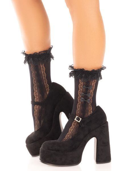 Skarpetki ażurowe Leg Avenue Mini Bow Lace Anklet, z falbankami i ozdobną kokardką, kolor Black