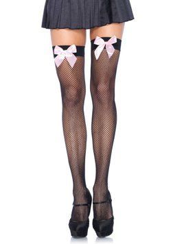 Leg Avenue Fishnet Thigh Highs One Size Black With Bow, Pink