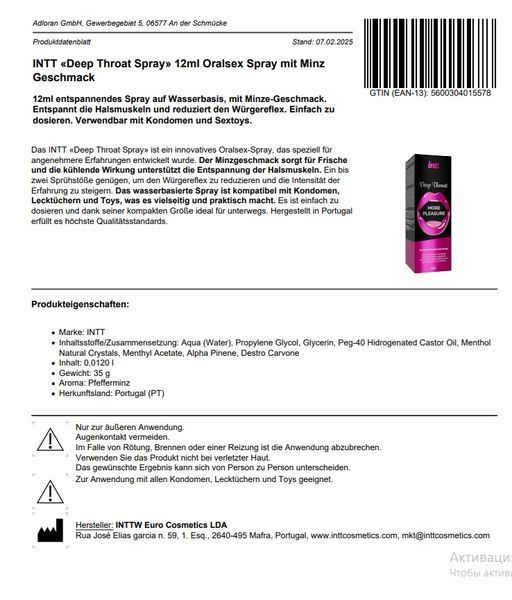 Intt Deep Throat Oral Caress Spray Odświeżająca mięta