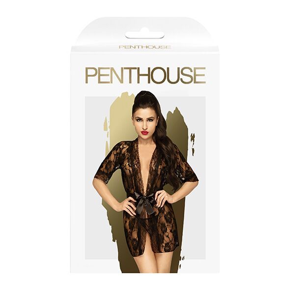 Комплект пеньюар з декором у вигляді троянд та стрінгами Penthouse - Sweet Retreat Black SO4364 SafeYourLove