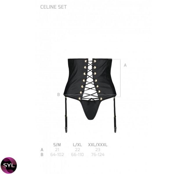 Пояс-корсет з екошкіри CELINE SET black — Passion: шнурівка, знімні пажі для панчіх, стрінги SO6409 SafeYourLove