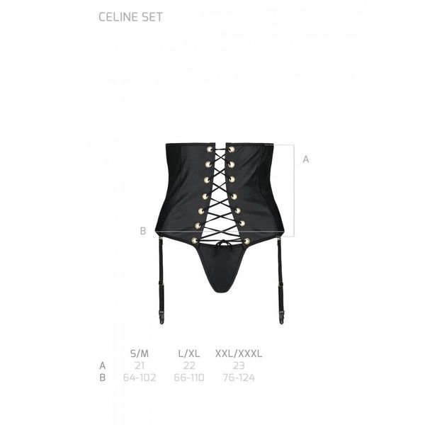 Пояс-корсет из экокожи CELINE SET black — Passion: шнуровка, съемные пажи для чулок, стринги SO6409 фото